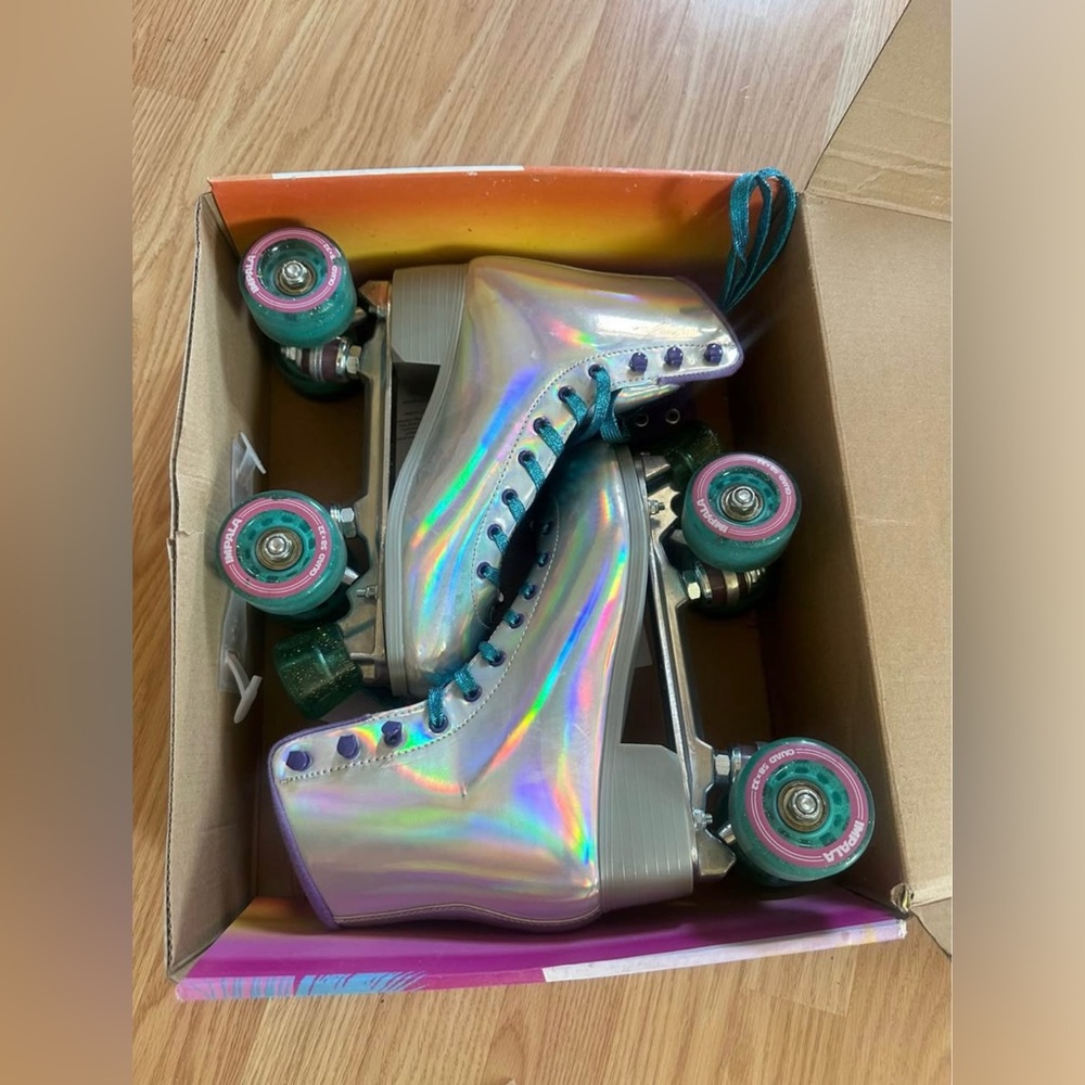 Holographic Impala Silver Roller Skates with Teal Laces